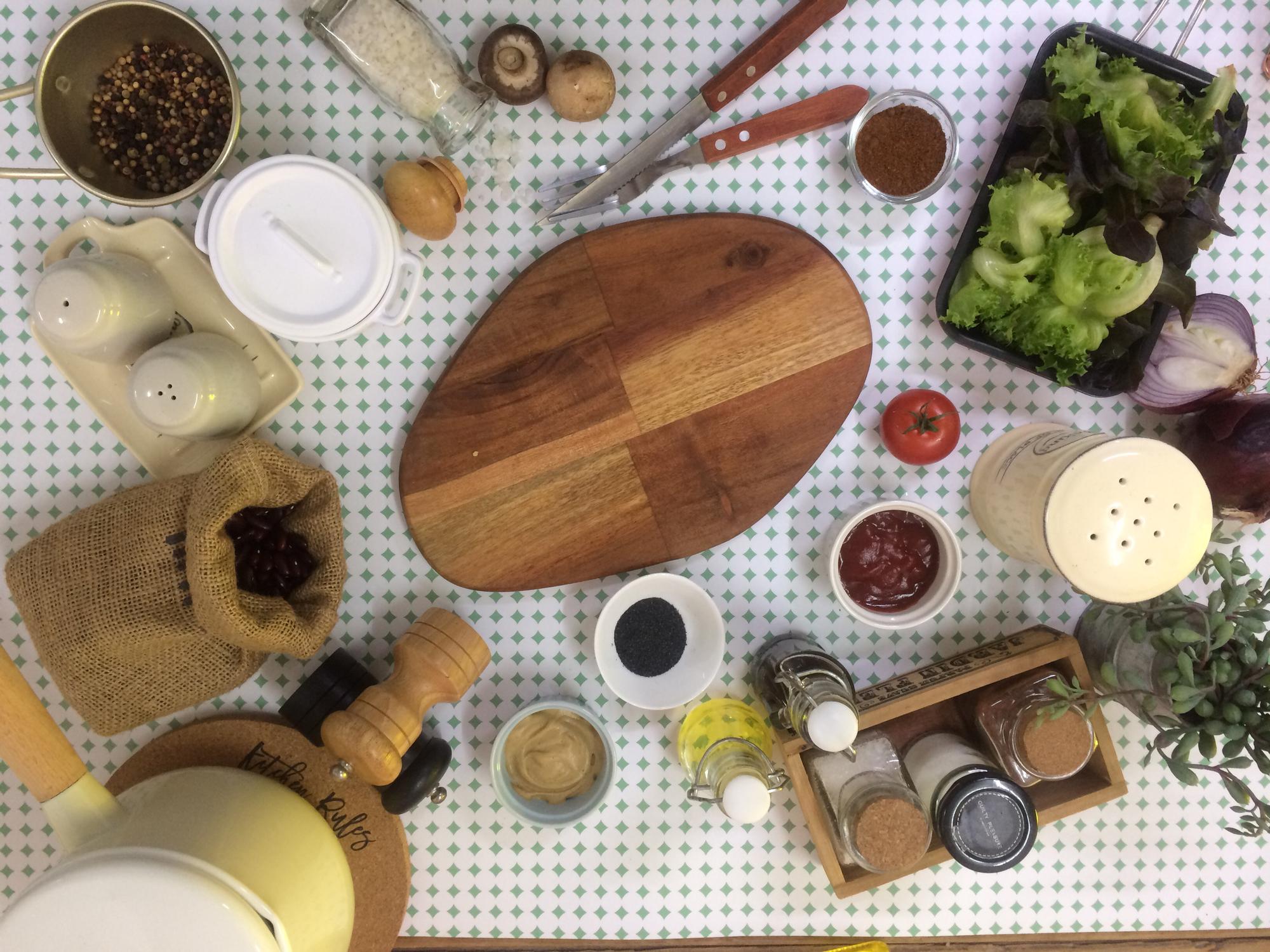 close-up of curated ingredients on wooden board